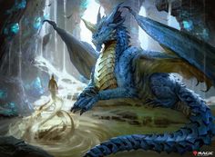 a blue dragon sitting on top of a rock next to a man in the woods