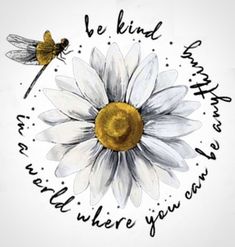 a drawing of a daisy with two dragonflies on it and the words be kind to think about who you are