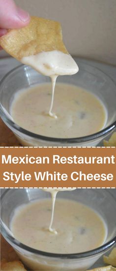 mexican restaurant style white cheese dip with tortilla chips on the side and text overlay