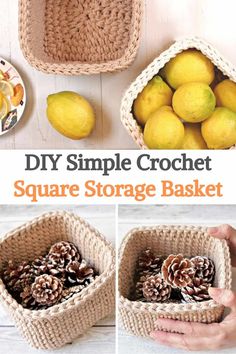 this simple crochet square storage basket is perfect for storing pine cones and lemons