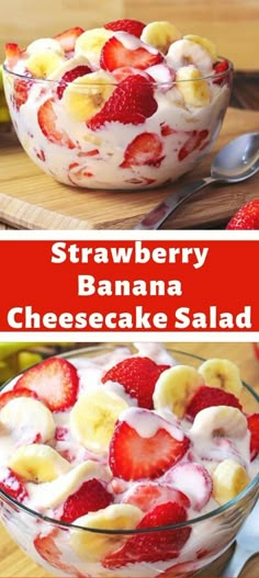 strawberry banana cheesecake salad in a glass bowl