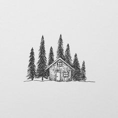 a drawing of a cabin in the woods with pine trees on it's side