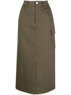 b+ab high-waisted Midi Skirt - Farfetch Long Khaki Skirt, Midi Skirt Brown, Khaki Skirt, Skirts Midi High Waisted, Cargo Skirt, Cargo Pocket, Long Skirt, Stretch Cotton, Mid Length