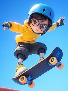 a young boy wearing glasses and a helmet is on a skateboard in the air