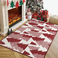 a living room with a christmas tree, fireplace and red rugs on the floor