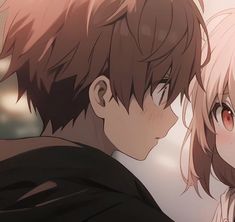 two anime characters looking at each other with red eyes and short hair, in front of a blurry background