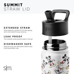 an advertisement for the sunmix straw lid water bottle with mickey mouses on it