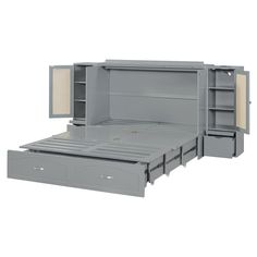 an open storage bed with drawers on the top and bottom shelf in grey, against a white background