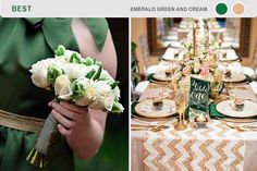 the table is set with white flowers and green napkins, gold place settings and greenery