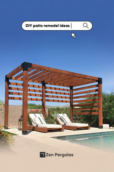 a wooden pergola sitting next to a swimming pool with lounge chairs under it