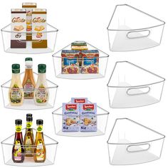 six plastic baskets with food and condiments in them