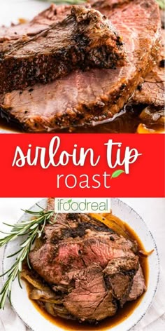 sliced steak on a plate with sauce and rosemary garnish in the foreground