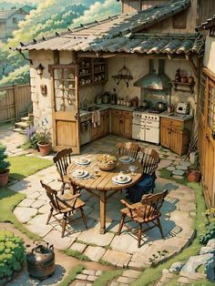 a painting of an outdoor kitchen and dining area