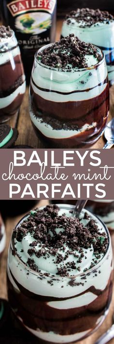 bailey's chocolate and mint parfaits cake on a wooden table with text overlay