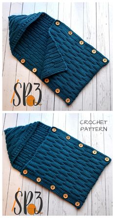 two pictures showing how to make a knitted sweater with buttons on the front and back