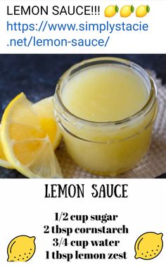 lemon sauce in a glass jar next to sliced lemons on a cloth with the recipe below it