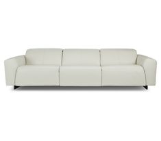 a white leather couch with black legs and arm rests on an isolated surface, facing the camera