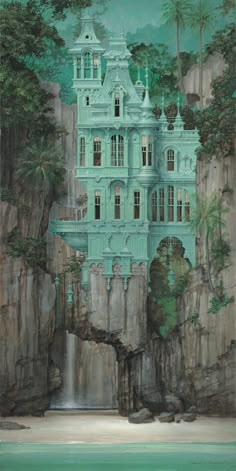 a painting of a blue house on top of a cliff