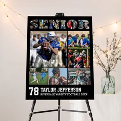 a sign that has photos of football players on it