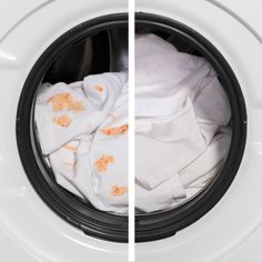 two pictures show the inside of a washing machine with clothes in it and on top of the washer