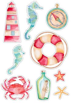 watercolor stickers with sea animals, lighthouse and life preserver on white background