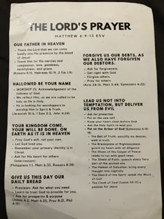 the lord's prayer is printed on a white paper