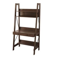 a wooden shelf with two shelves on each side and an open drawer underneath the shelf