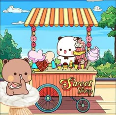 an animated bear is selling ice cream at the street vendor's stand with other cartoon characters