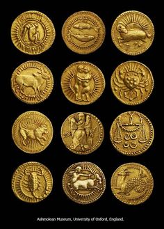 six gold coins with different animals and symbols on them, all depicting the zodiac signs
