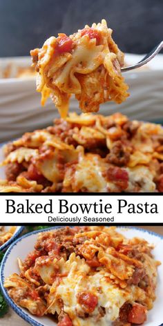 baked bowtie pasta on a plate with a fork in it and another photo of the casserole