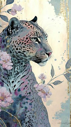 a painting of a leopard surrounded by flowers