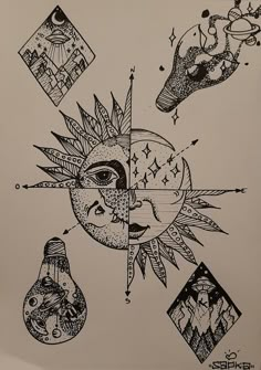 the sun and moon are depicted in this drawing, which is drawn on white paper