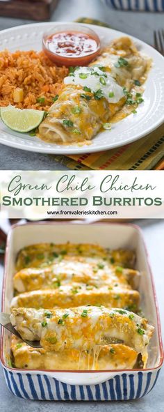 green chile chicken smothered burritos in a casserole dish with rice and salsa