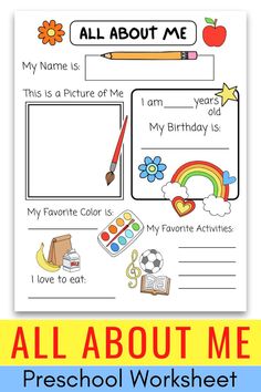 an all about me worksheet with the words, colors and pictures on it