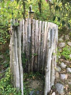 an old wooden fence in the middle of a forest with rocks and plants around it