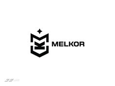 a black and white logo with the word melkor on it's side