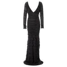 Gucci by Tom Ford black silk ruched evening dress with tired skirt, ss 2003 | See more vintage Evening Dresses and Gowns at https://www.1stdibs.com/fashion/clothing/evening-dresses in 1stDibs Gucci Fitted Maxi Dress For Formal Occasions, Gucci Formal Maxi Length Dress, Gucci Fitted Maxi Dress, Gucci Silk V-neck Dress, Gucci Elegant Evening Maxi Dress, Elegant Gucci Evening Maxi Dress, Gucci Evening Maxi Dress, Gucci Maxi Party Dress, Gucci Maxi Dress For Party