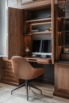 a brown chair sitting in front of a wooden desk