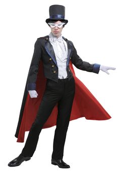 a man in a top hat and cape with his arms out, wearing a red cape