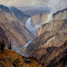 a painting of a waterfall in the middle of a mountain range with fog coming from it