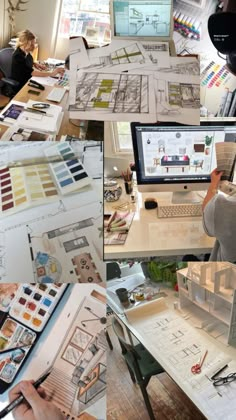 several photographs of people working on architectural drawings