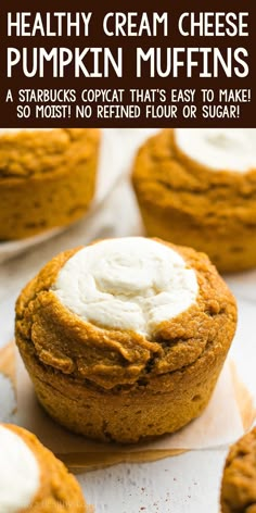 healthy cream cheese pumpkin muffins with text overlay