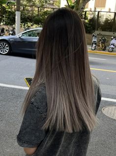 Balayage Hair Long Hair Brunettes, Dark Ice Blonde Hair, Dark Ash Brown Hair Balayage Straight, Brown To Ash Brown Balayage, Grey Silver Balayage, Straight Ombré Hair, Dark Hair With Frosted Highlights, Dark Ash Ombre Hair, Ash Colored Hair Brown