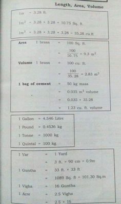 an open book with instructions on how to use the volume and length for each item