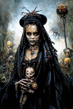 a painting of a woman holding a child in her arms with skulls all around her