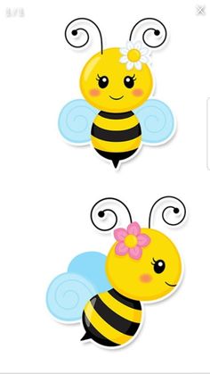 two bees with flowers on their heads, one is yellow and the other is black