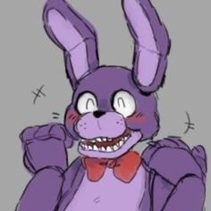 a drawing of a purple bunny wearing a red bow tie and holding his hands up