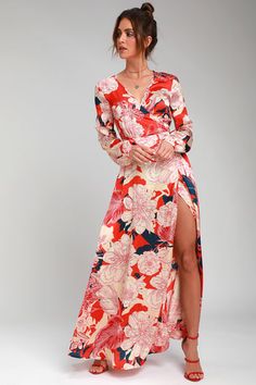 Rosanna Coral Red Floral Print Satin Wrap Maxi Dress Red Satin Dress, Cute Floral Dresses, Womens Wrap Dress, Little Red Dress, Satin Long Sleeve, Red Floral Print, Red Dress Outfit, Wrap Maxi Dress, Red Dress Maxi