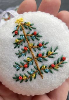 a hand holding a white ornament decorated with colorful beads