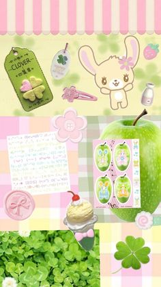 the collage is full of green and pink items including an apple, broccoli, shamrocks